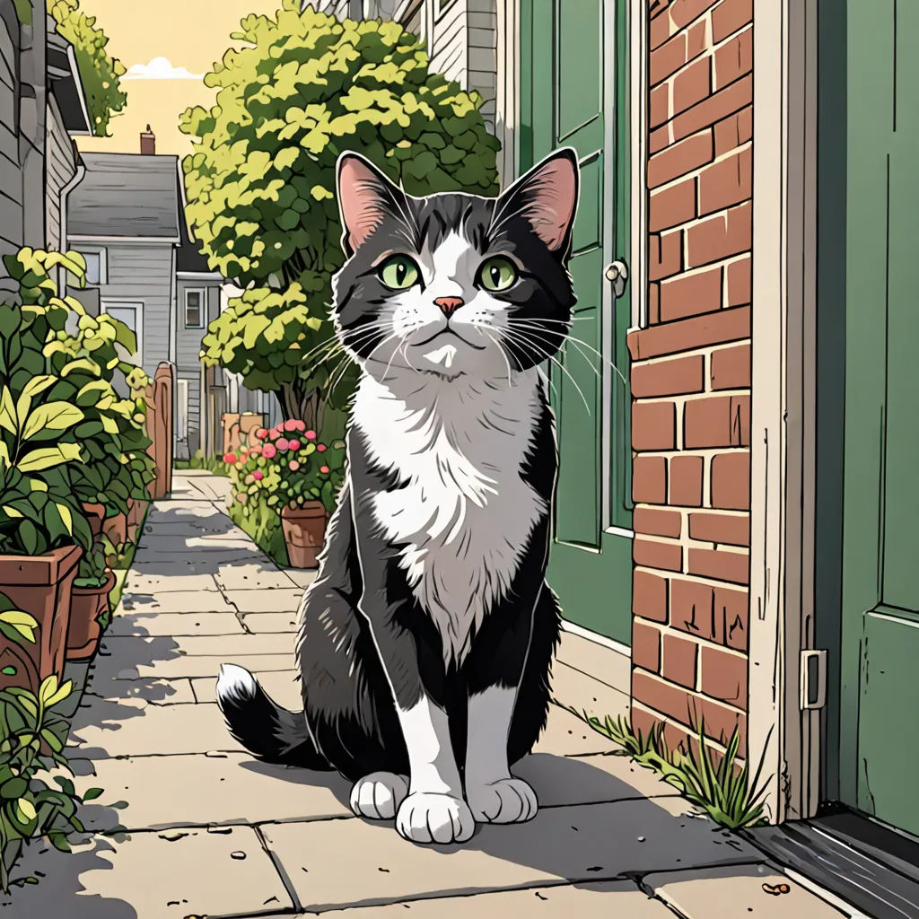 a black and white cat sitting on a sidewalk next to a door and a brick building with green doors, plein air, a storybook illustration, Chris Ware, comic cover art