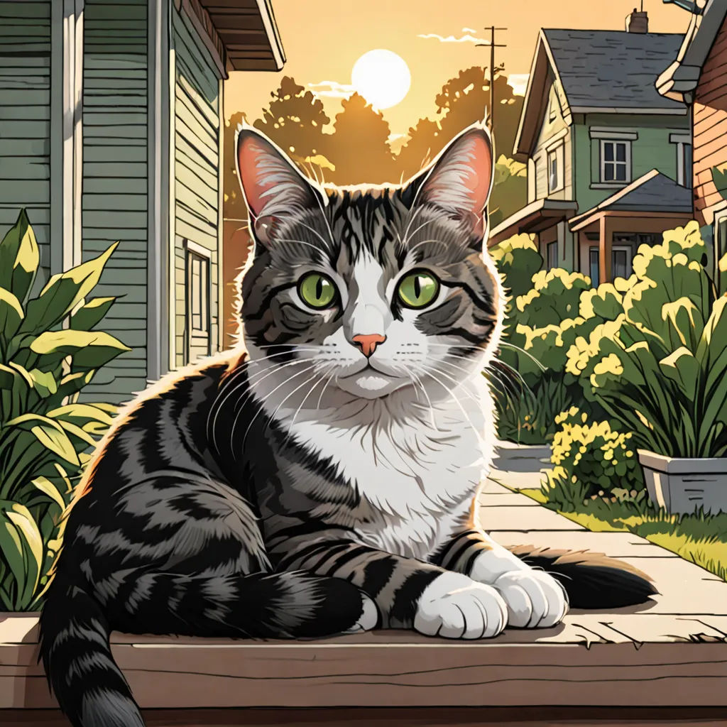 a cat sitting on a wooden ledge in front of a house with a garden and a house in the background, photorealism, a comic book panel, Chris Ware, josan gonzales and dan mumford