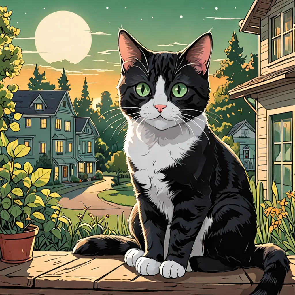 a black and white cat sitting on a wooden deck in front of a house at night with a full moon, serial art, a comic book panel, Dan Mumford, official art