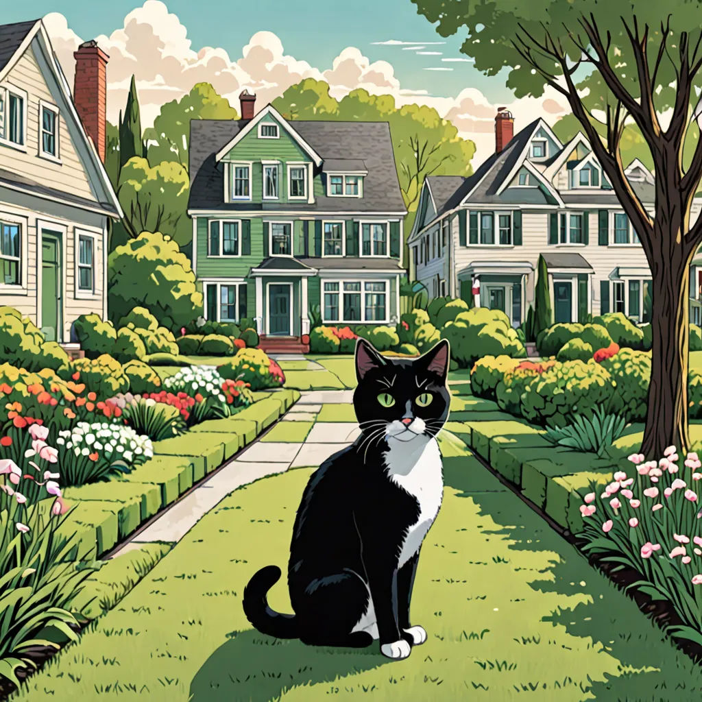 a black and white cat sitting in a garden next to a house and trees and flowers on the lawn, american scene painting, a storybook illustration, Chris Ware, promotional image