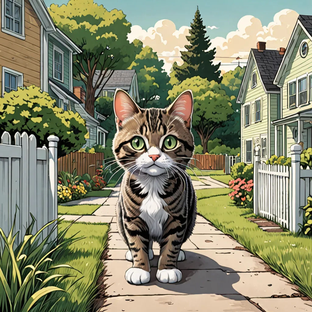 a cat walking down a sidewalk in a neighborhood with houses and trees in the background, with a cat looking at the camera, american scene painting, a storybook illustration, Dan Mumford, josan gonzales and dan mumford