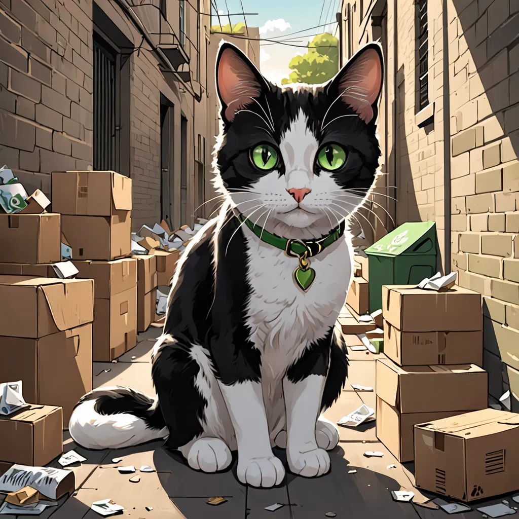 a black and white cat sitting on a sidewalk next to boxes and boxes on the ground and a brick wall, furry art, a character portrait, Chip Zdarsky, official art