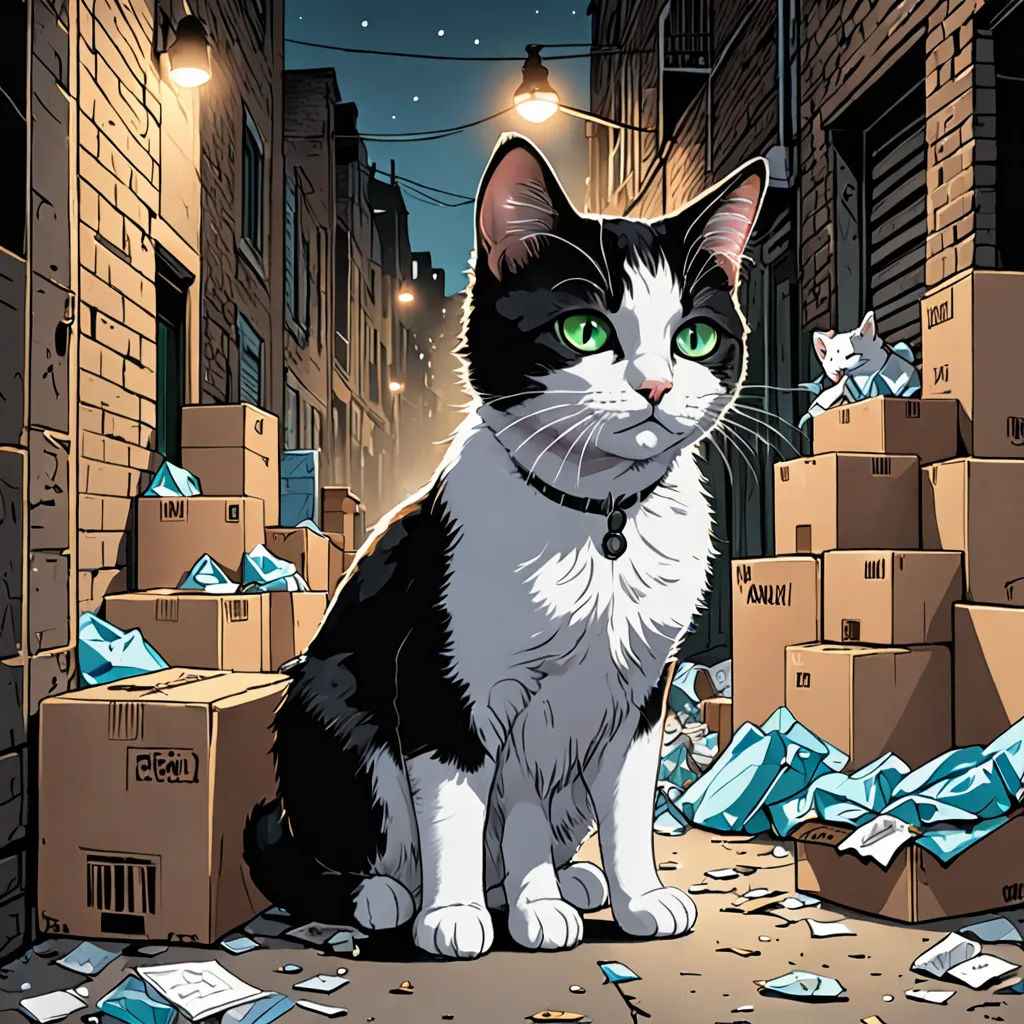 a cat sitting on a pile of boxes in a city street at night with a full moon in the background, underground comix, a comic book panel, Chip Zdarsky, comic cover art