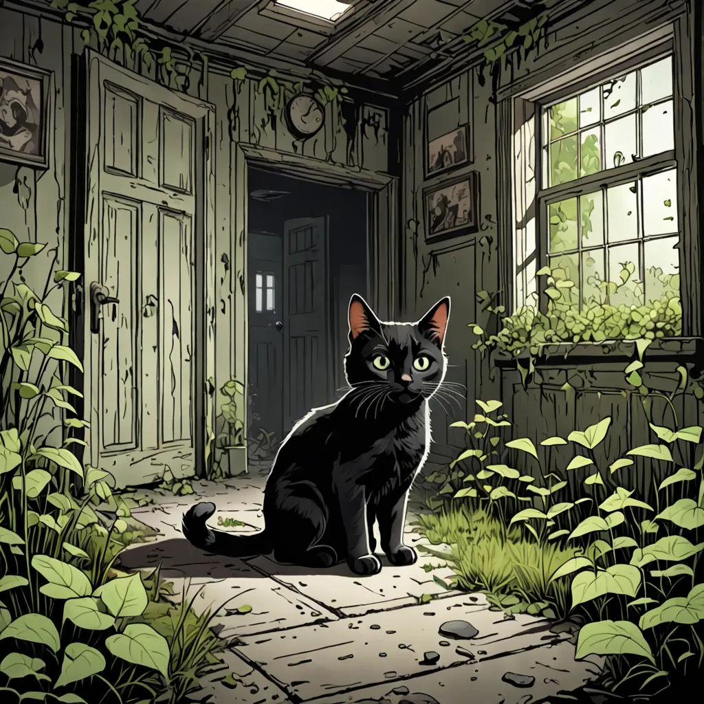 a black cat sitting in a doorway of a house with green plants and plants around it and a light on, gothic art, a comic book panel, Dan Mumford, official art