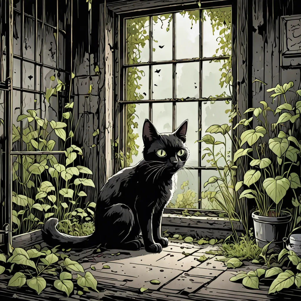 a black cat sitting on a window sill in front of a window with a green plant growing out of it, gothic art, a comic book panel, Dan Mumford, comic cover art