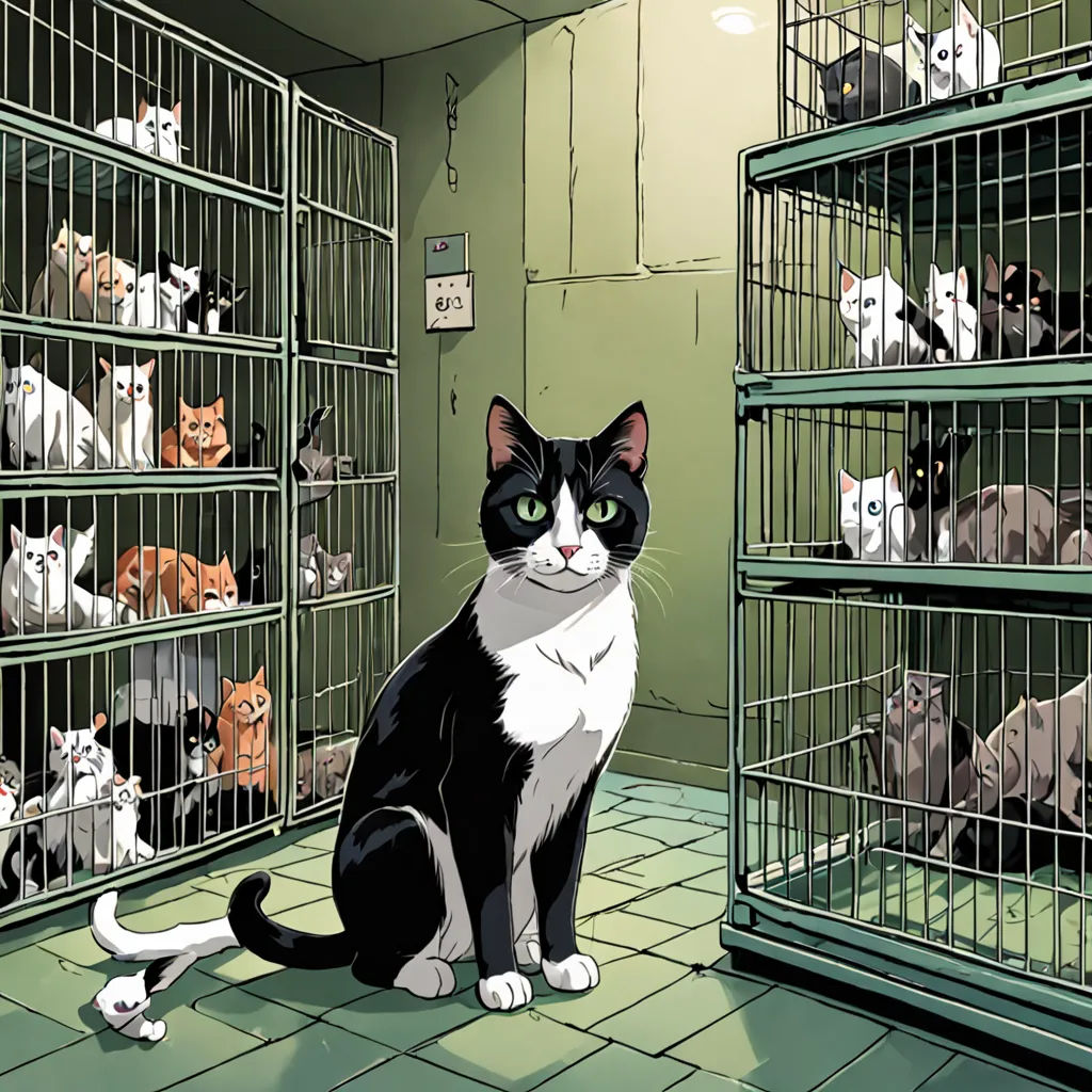 a cat sitting in a cage with many cats in it's cages behind it, all looking at the camera, underground comix, a comic book panel, Asaf Hanuka, graphic novel