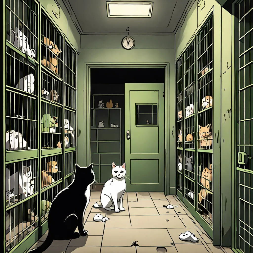 a cat sitting in a room with a bunch of shelves full of stuffed animals on the floor and a cat sitting on the floor, underground comix, a comic book panel, Asaf Hanuka, comic cover art