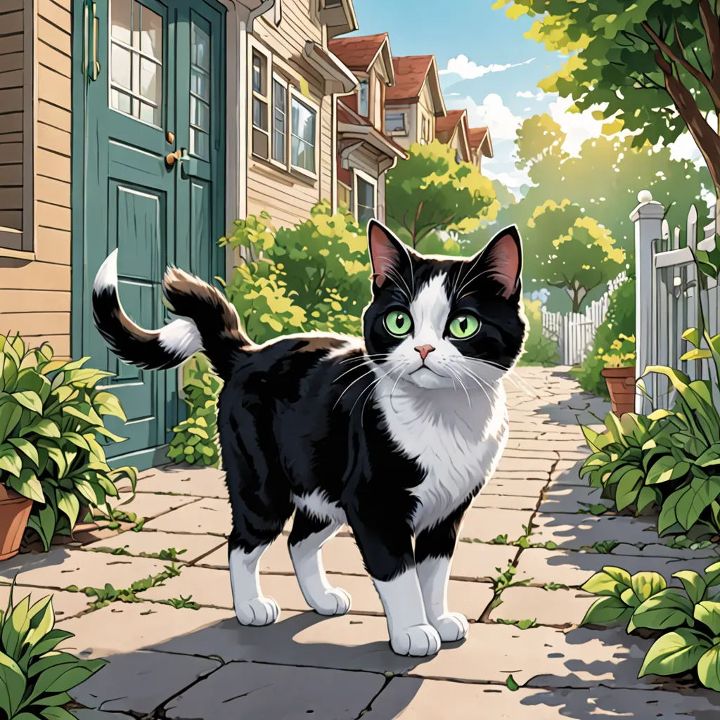a black and white cat standing on a sidewalk next to a house and bushes and trees with green eyes, american scene painting, a comic book panel, Chip Zdarsky, official art
