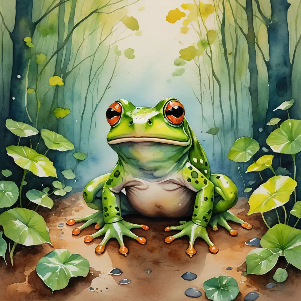 a frog sitting on a rock in a forest with leaves and flowers around it, with a bright green background, fantasy art, a digital painting, Andries Stock, highly detailed digital painting