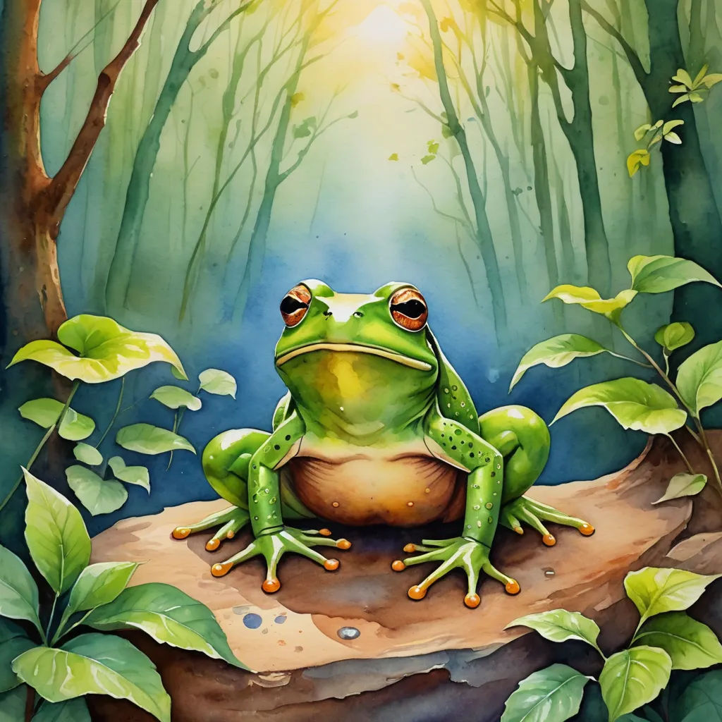 a painting of a frog sitting on a rock in a forest with green leaves and a bright light coming from behind, fantasy art, an airbrush painting, Andries Stock, highly detailed digital painting