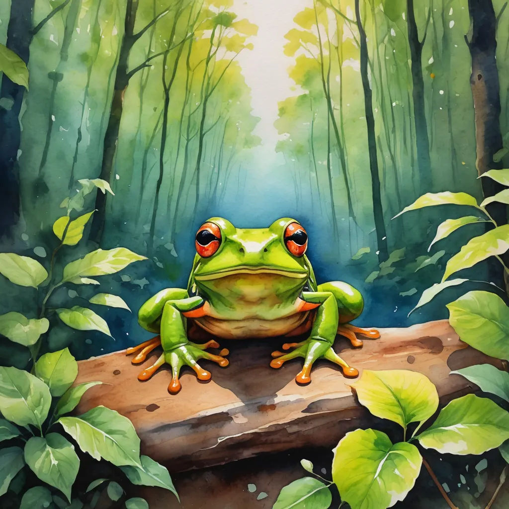 a painting of a frog sitting on a log in a forest with green leaves and a bright light coming from behind, fantasy art, an airbrush painting, Chris LaBrooy, in gouache detailed paintings