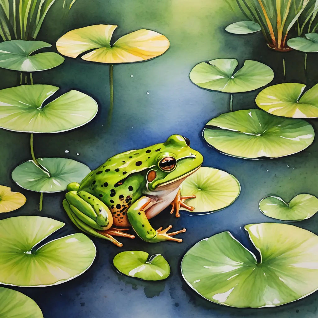 a frog sitting on top of a lily pad in a pond with lily pads around it and a green frog sitting on top of a lily pad, photorealism, a watercolor painting, Andries Stock, in gouache detailed paintings