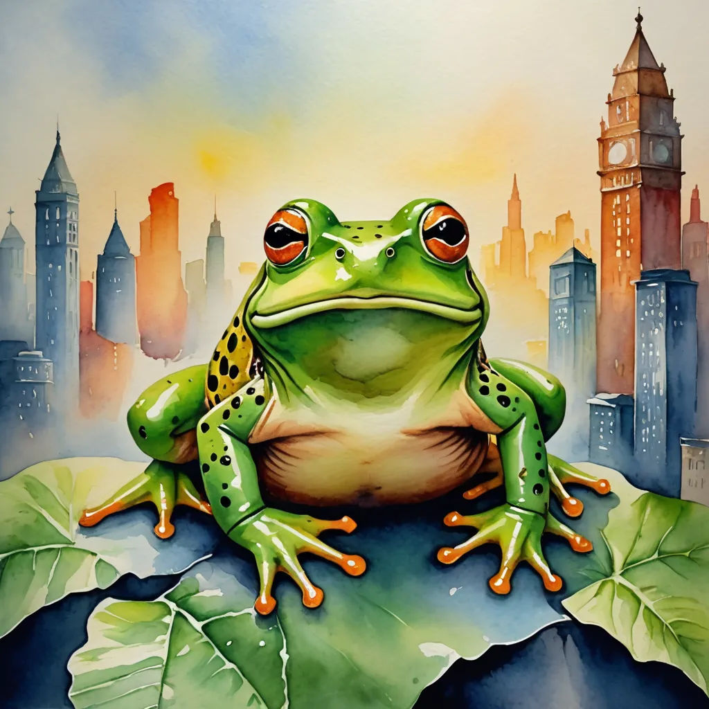 a painting of a frog sitting on a leaf in front of a cityscape with a clock tower, modern european ink painting, an airbrush painting, Andries Stock, in gouache detailed paintings