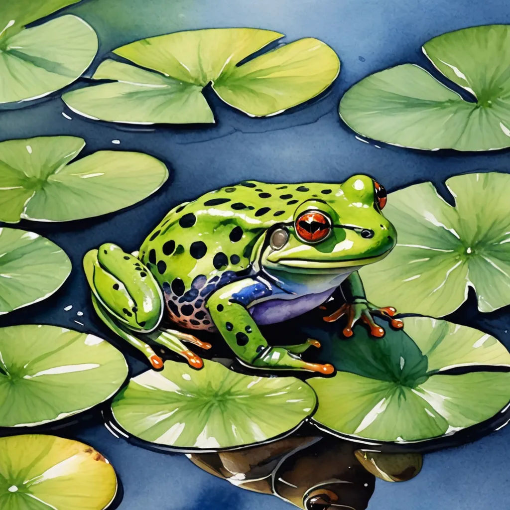 a frog sitting on top of a lily pad in a pond of water lilies and lily pads surrounding it, photorealism, a photorealistic painting, Donato Giancola, in gouache detailed paintings