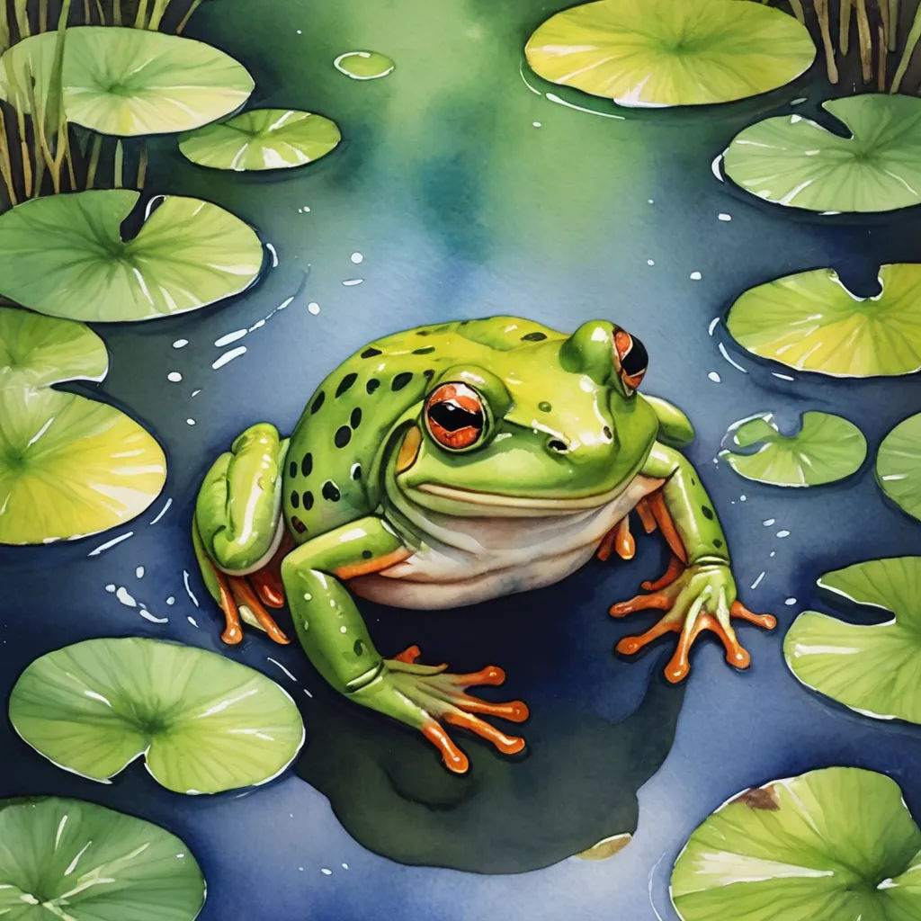 a frog sitting on top of a lily pad in a pond of water lilies and lily pads surrounding it, photorealism, a detailed painting, Donato Giancola, in gouache detailed paintings