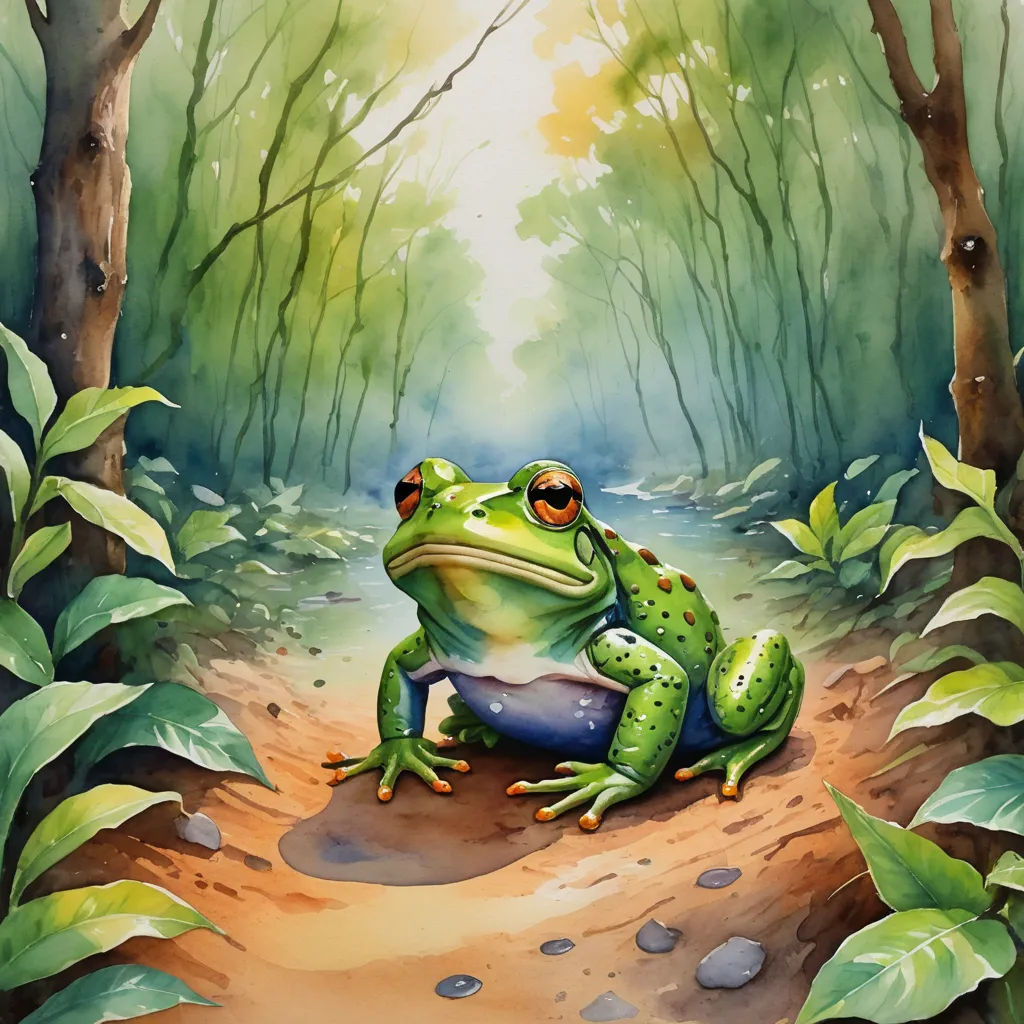 a painting of a frog sitting on a rock in a forest with a sunbeam in the background and a path leading to it, fantasy art, an airbrush painting, Chris LaBrooy, highly detailed digital painting