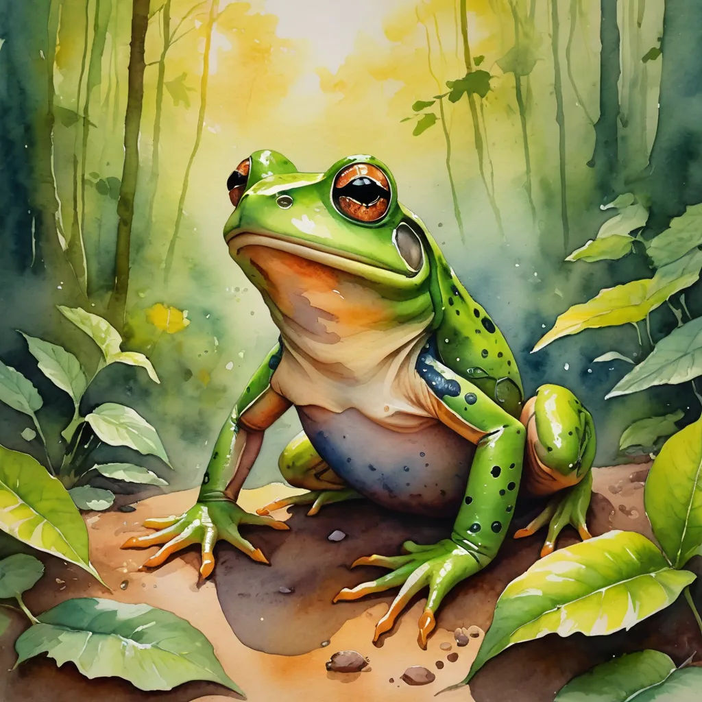 a frog sitting on a rock in the middle of a forest with leaves and flowers around it, with a bright light coming through the trees behind it, fantasy art, a watercolor painting, Brom, in gouache detailed paintings