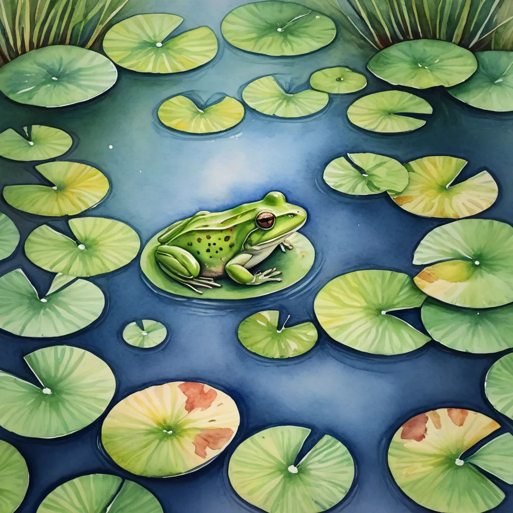 a frog sitting on top of a lily pad in a pond of water lilies and lily pads surrounding it, photorealism, an airbrush painting, Alison Watt, in gouache detailed paintings