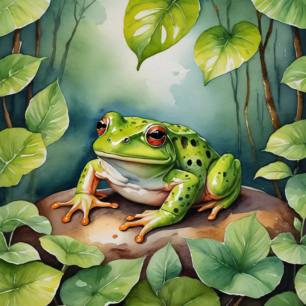 a frog sitting on a rock in a forest with green leaves and a blue sky in the background with a green leafy background, fantasy art, a watercolor painting, Andries Stock, in gouache detailed paintings