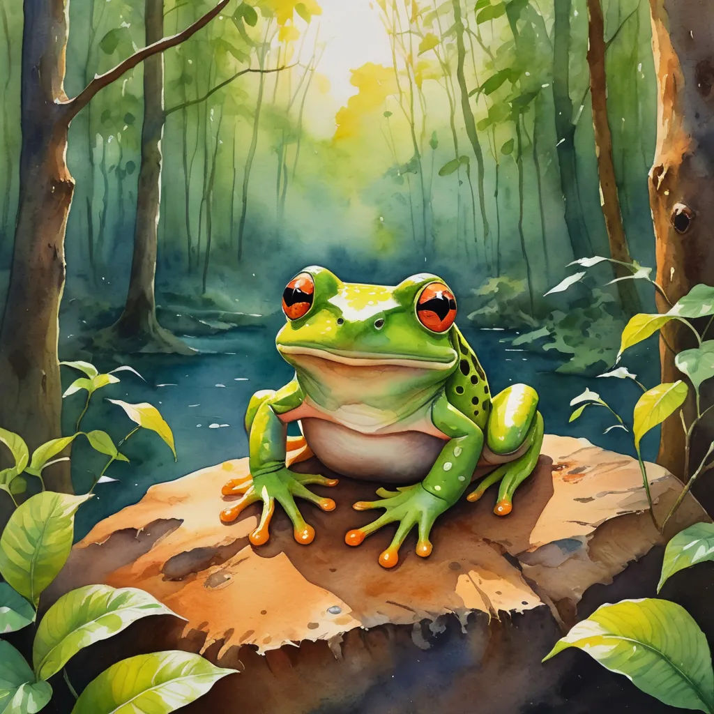a frog sitting on a rock in a forest with a sun shining through the trees behind it and a pond in the background, fantasy art, a digital painting, Andries Stock, magic the gathering artwork