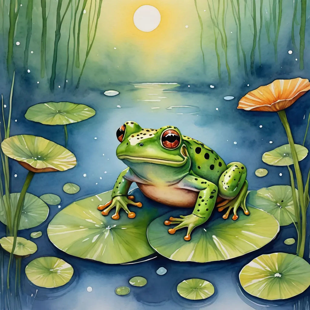 a frog sitting on a lily pad in the water with lily pads around it and a bright sun in the background, fantasy art, a watercolor painting, Andries Stock, highly detailed digital painting