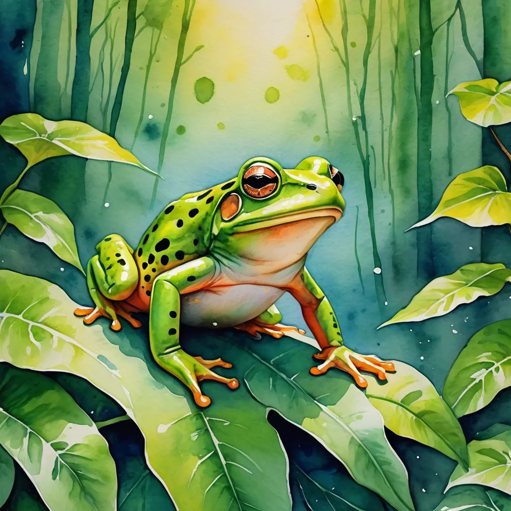a painting of a frog sitting on a leaf in the jungle with a bright light shining on it's face, fantasy art, a watercolor painting, Andries Stock, in gouache detailed paintings