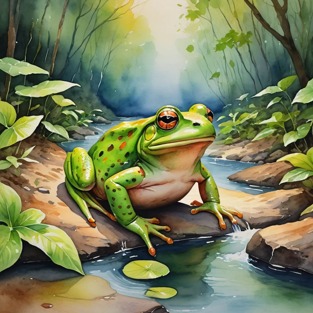a frog sitting on a rock in a forest with a stream of water and green leaves surrounding it, with a bright light coming from behind it, fantasy art, an airbrush painting, Andries Stock, in gouache detailed paintings