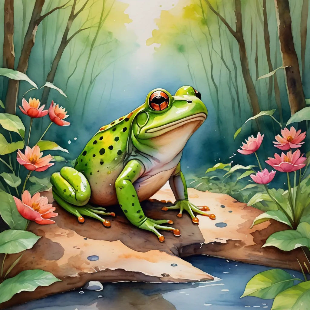 a frog sitting on a rock in a forest with flowers and water lilies around it, with a bright green background, fantasy art, an airbrush painting, Andries Stock, highly detailed digital painting