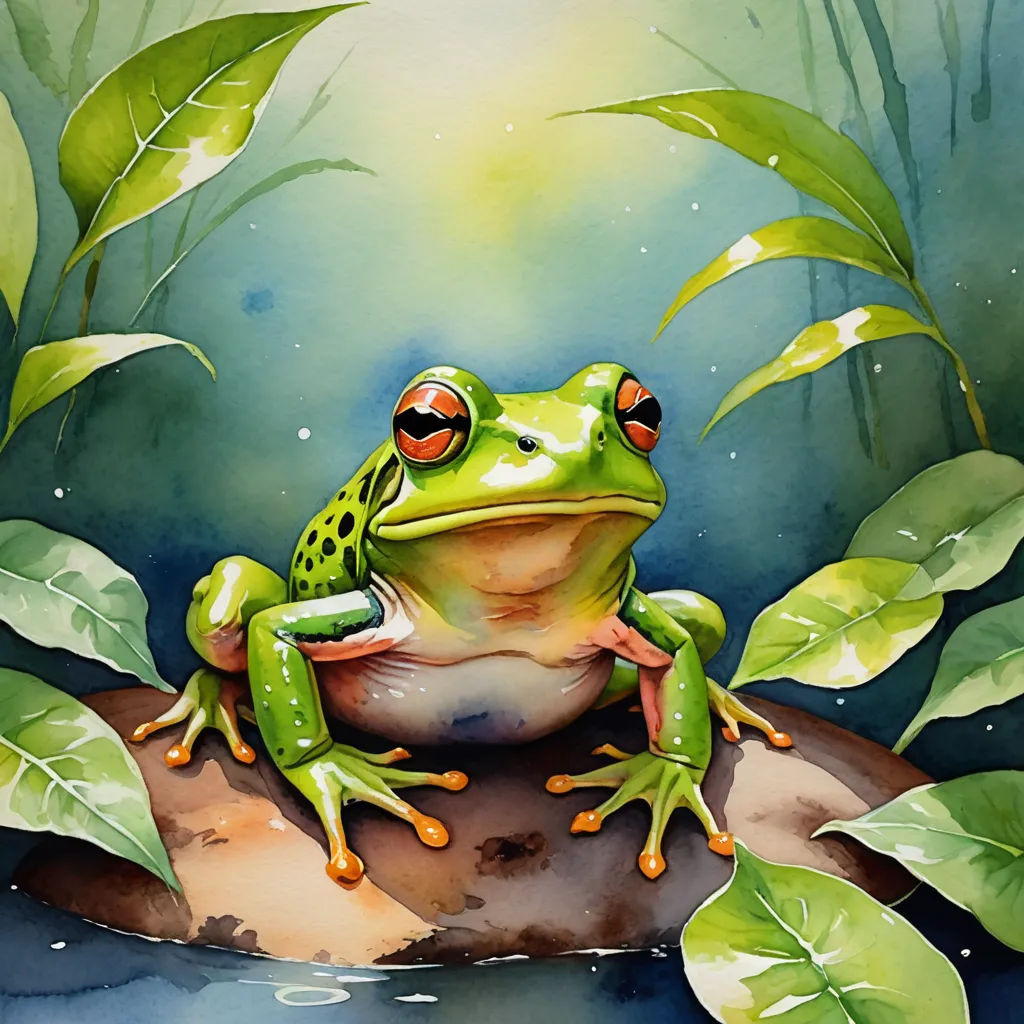 a frog sitting on a rock in the middle of a pond with leaves around it and a bright green background, figurative art, a watercolor painting, Andries Stock, highly detailed digital painting