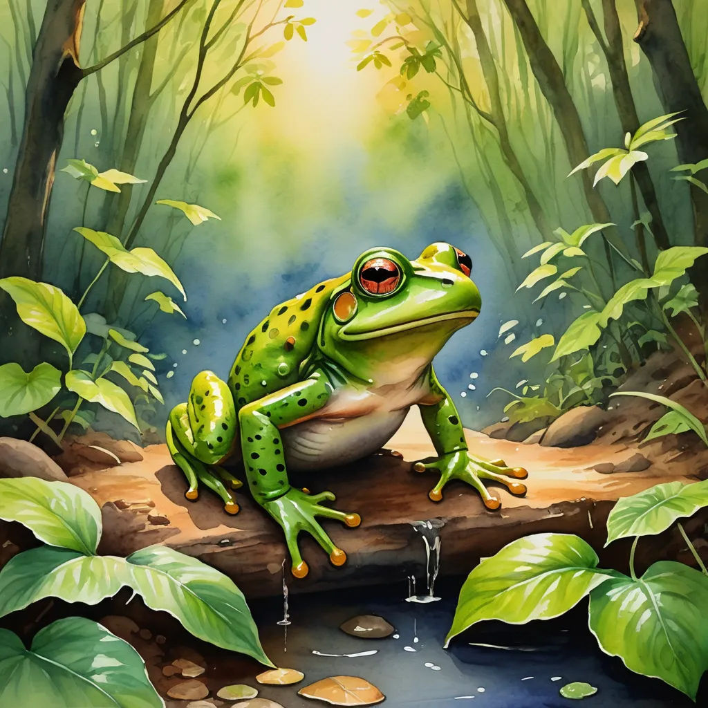 a frog sitting on a log in a forest with a stream of water and green leaves surrounding it, with a bright light shining on the background, fantasy art, a digital painting, Andries Stock, professional digital painting