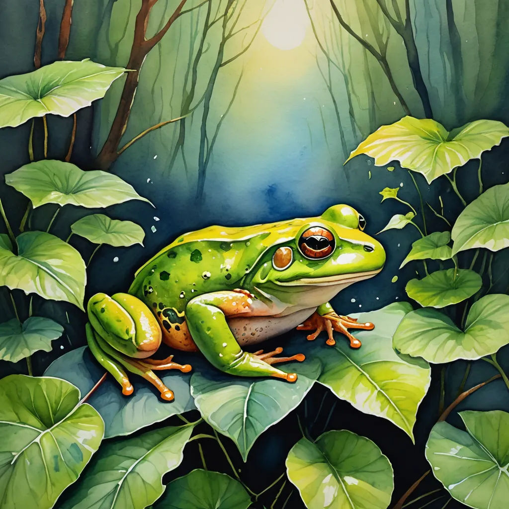 a frog sitting on a leaf in the middle of a forest with a bright light shining through the leaves, figurative art, an airbrush painting, Carol Sutton, in gouache detailed paintings