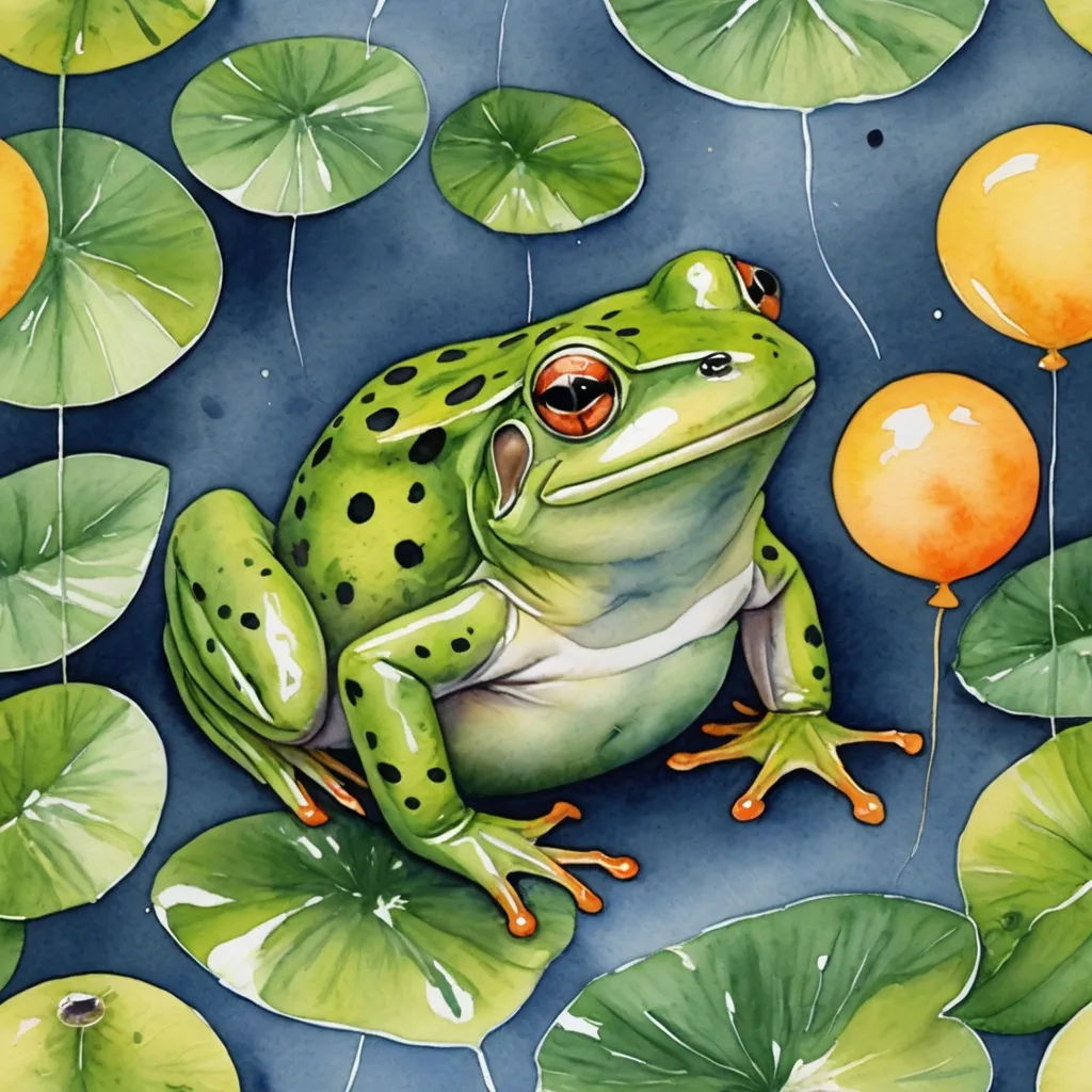 a frog sitting on a lily pad with balloons floating around it and lily pads surrounding it, and a blue background with green leaves, cloisonnism, a watercolor painting, Andries Stock, in gouache detailed paintings