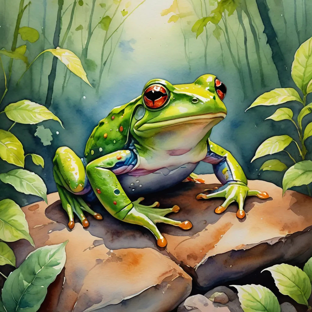 a frog sitting on a rock in a forest with leaves and a bright light in the background, with a green background, fantasy art, an airbrush painting, Andries Stock, in gouache detailed paintings