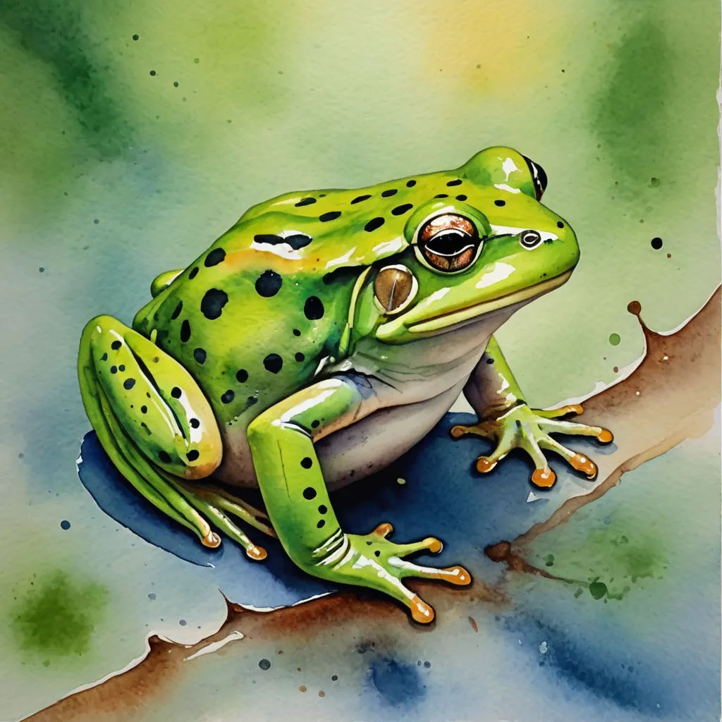 a painting of a frog sitting on a branch with watercolor paint on it's back and a green background, modern european ink painting, a watercolor painting, Andries Stock, in gouache detailed paintings