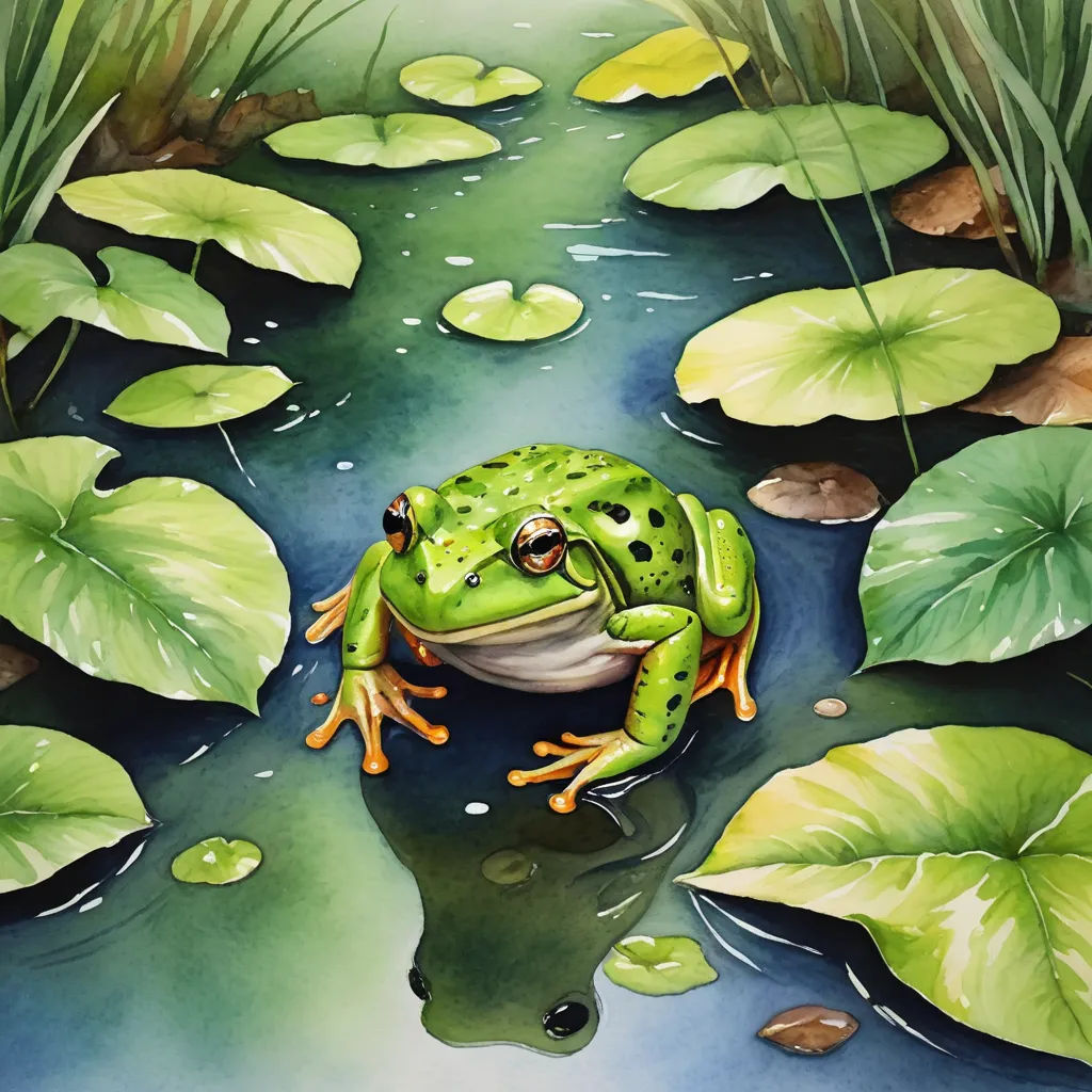 a frog sitting on top of a pond surrounded by lily pads and lily pads on the water's surface, figurative art, a watercolor painting, Andries Stock, in gouache detailed paintings