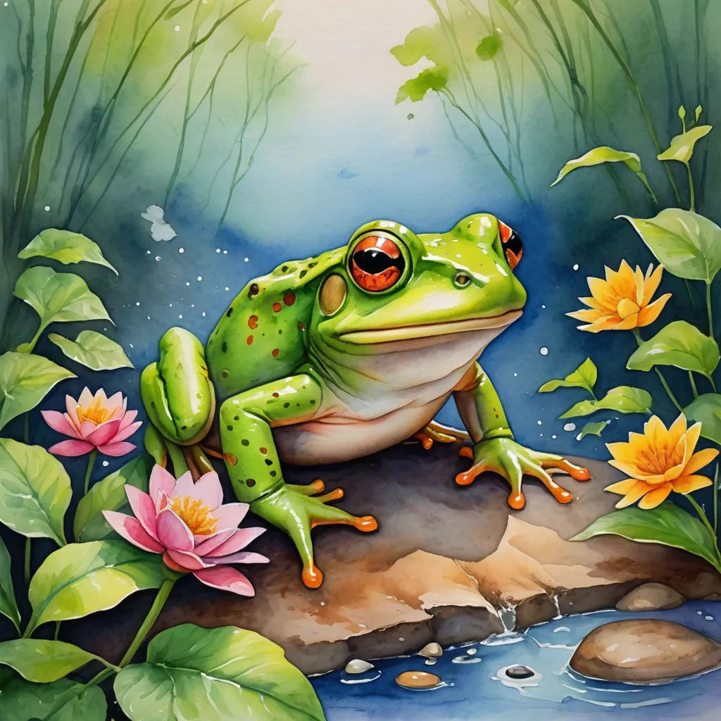 a frog sitting on a rock in a pond with flowers and leaves around it, with a butterfly flying above, fantasy art, an airbrush painting, Andries Stock, in gouache detailed paintings
