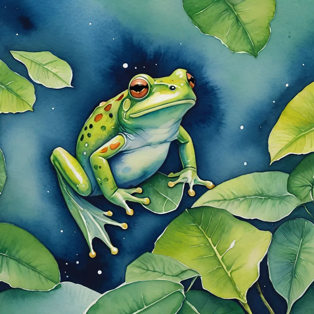 a painting of a frog sitting on a leafy branch with leaves surrounding it and a blue sky in the background, fantasy art, a watercolor painting, Andries Stock, in gouache detailed paintings