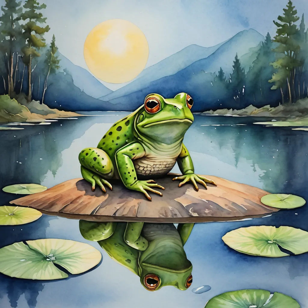 a frog sitting on a piece of wood in the water with lily pads around it and a mountain in the background, fantasy art, a storybook illustration, Chris LaBrooy, in gouache detailed paintings