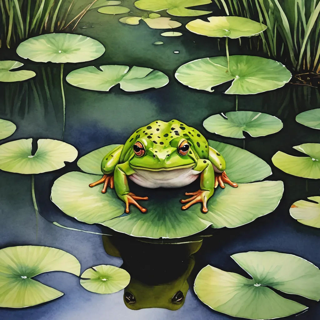 a frog sitting on top of a lily pad in a pond of water lilies and lily pads surrounding it, photorealism, a photorealistic painting, Donato Giancola, highly detailed digital painting