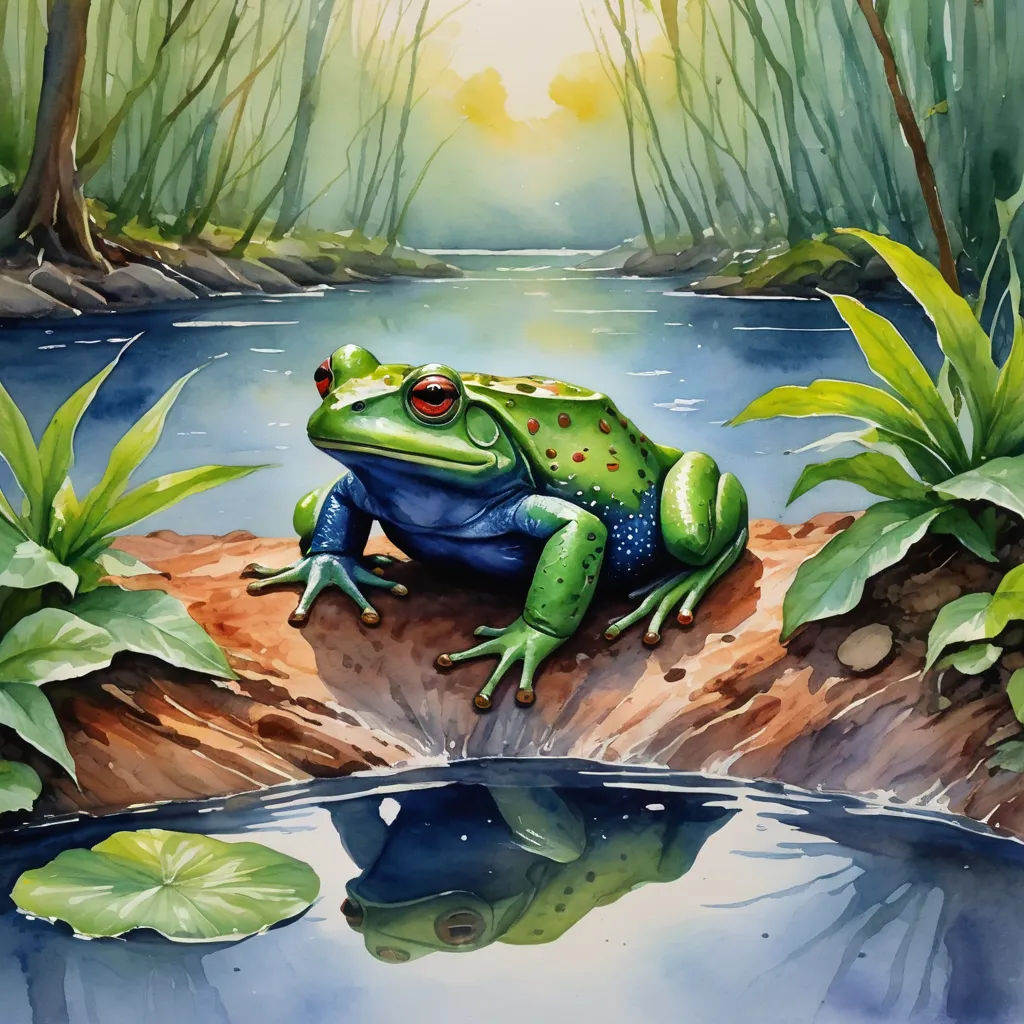 a frog sitting on a rock in a pond of water with a reflection of the frog in the water, fantasy art, a watercolor painting, Andries Stock, in gouache detailed paintings