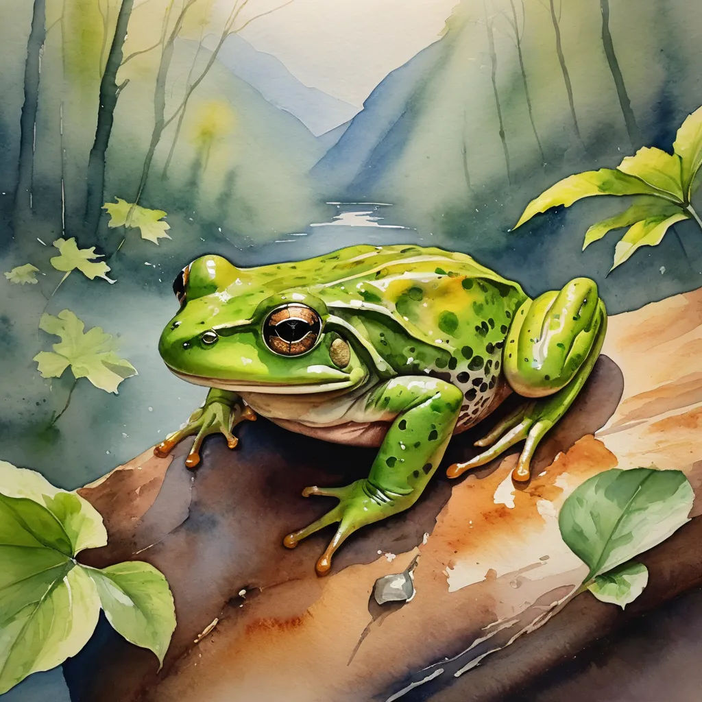 a frog sitting on a branch in a forest with leaves and watercolors on paper, with a mountain in the background, modern european ink painting, a watercolor painting, Art Green, in gouache detailed paintings
