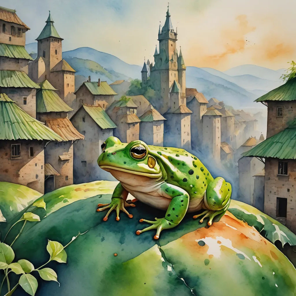 a frog sitting on top of a green leaf covered hill next to a castle like building with a clock tower, fantasy art, a storybook illustration, Darek Zabrocki, storybook illustration