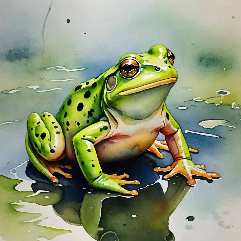 a frog sitting on top of a puddle of water with its reflection in the water below it, with a green background, photorealism, a watercolor painting, Art Green, in gouache detailed paintings