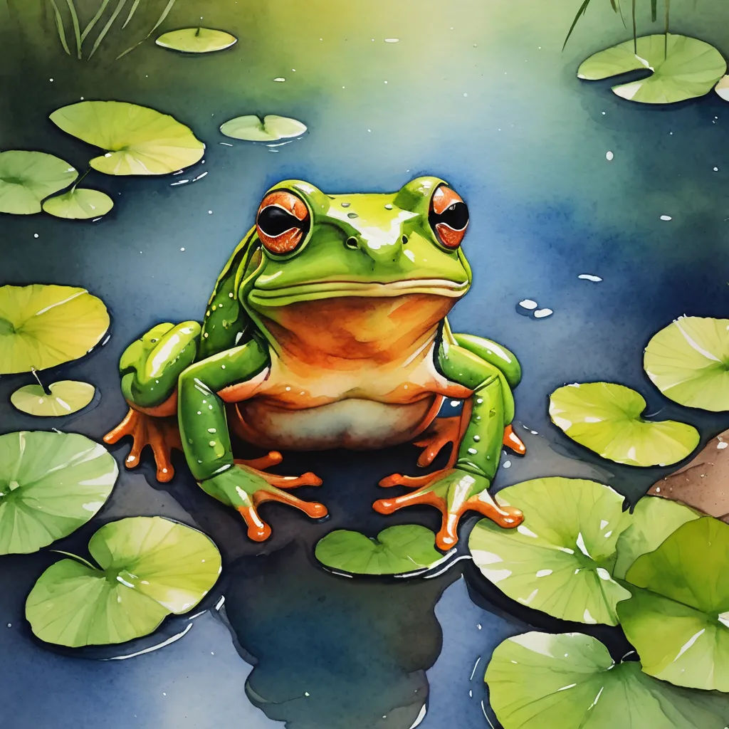 a frog sitting on top of a lily pad in a pond of water with lily pads around it and a green leaf, photorealism, a detailed painting, Andries Stock, highly detailed digital painting