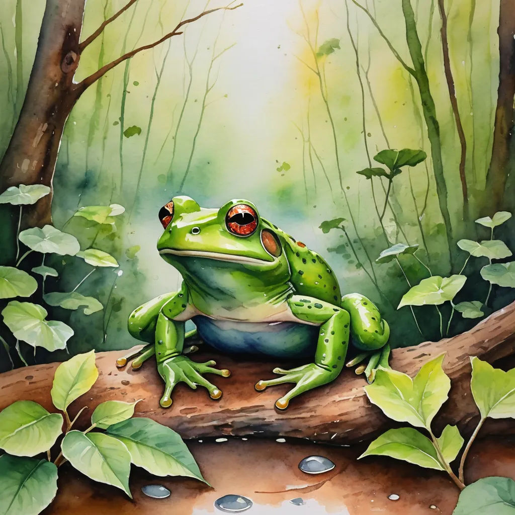 a frog sitting on a branch in a forest with leaves and water droplets on the ground and a green background, fantasy art, a watercolor painting, Andries Stock, in gouache detailed paintings