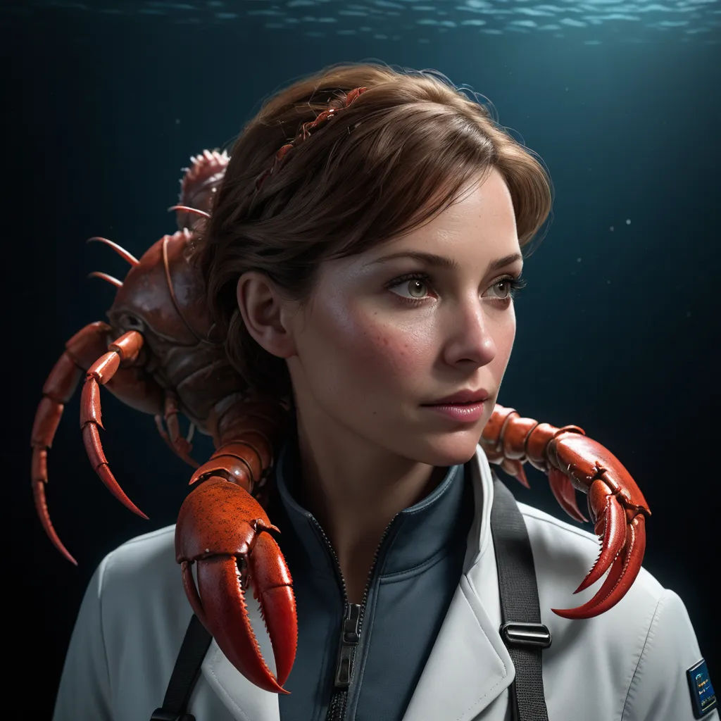 a woman with a lobster on her head in a photo studio environment with a dark background and a blue light, photorealism, a character portrait, Cedric Peyravernay, ultra realistic digital art