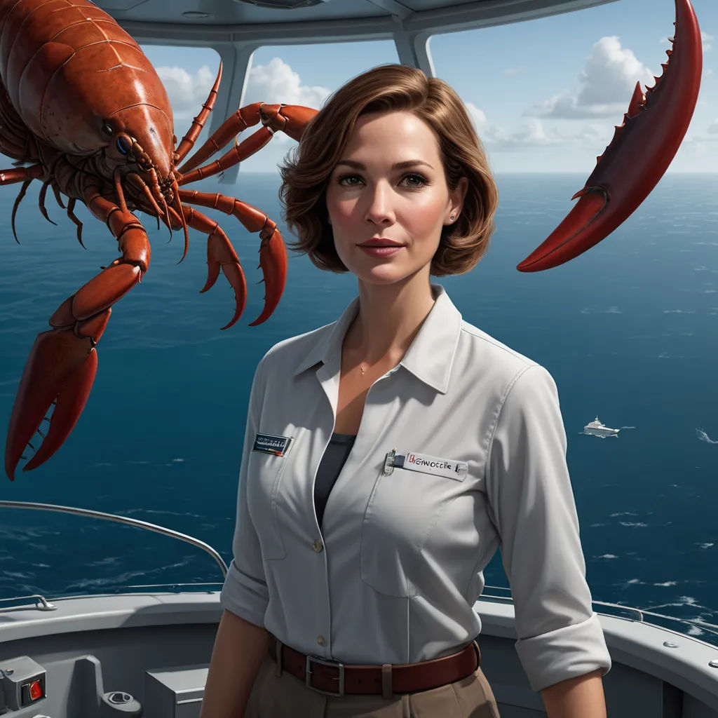 a woman in a white shirt and a crab on a boat in the ocean with a boat in the background, photorealism, computer graphics, F. Scott Hess, ultra realistic digital art