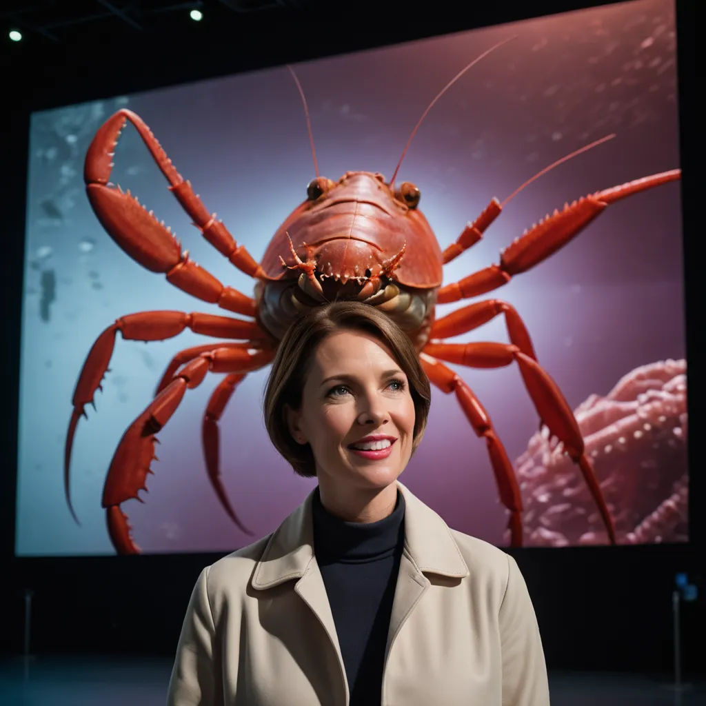 a woman standing in front of a large screen with a crab on it's head and a smile on her face, arbeitsrat für kunst, a character portrait, Alison Debenham, promotional image