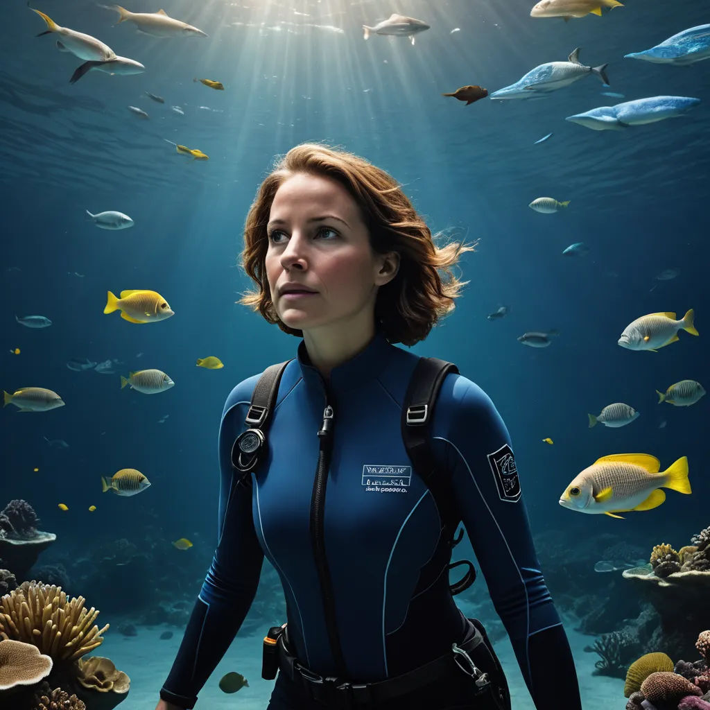 a woman in a blue wet suit standing in front of a large aquarium with fish swimming around her and a sunbeam above her, rayonism, a character portrait, Anna Füssli, promotional image