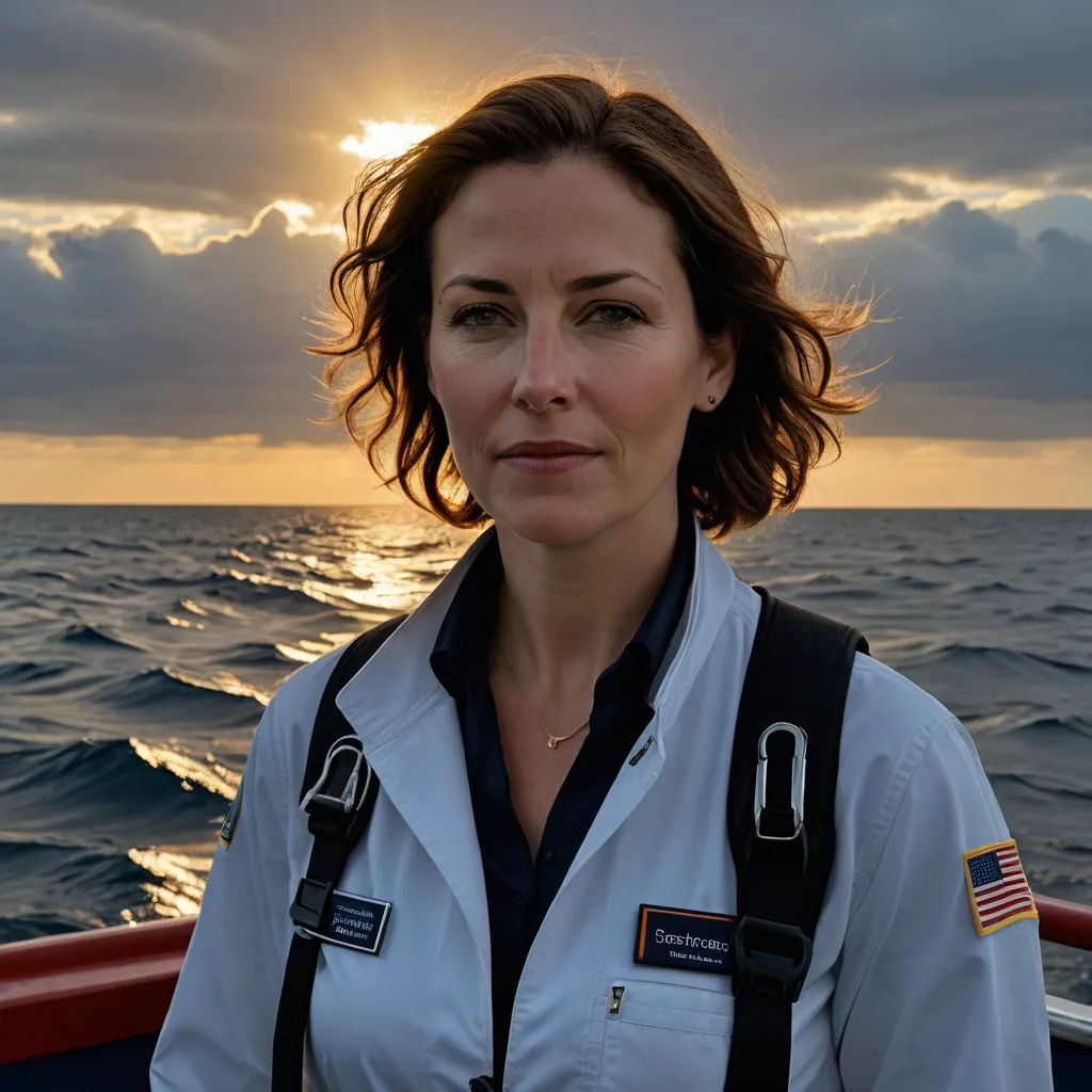 a woman standing on a boat in the ocean at sunset with a cloudy sky behind her and a sunbeam, american romanticism, a character portrait, Elisabeth Collins, promotional image
